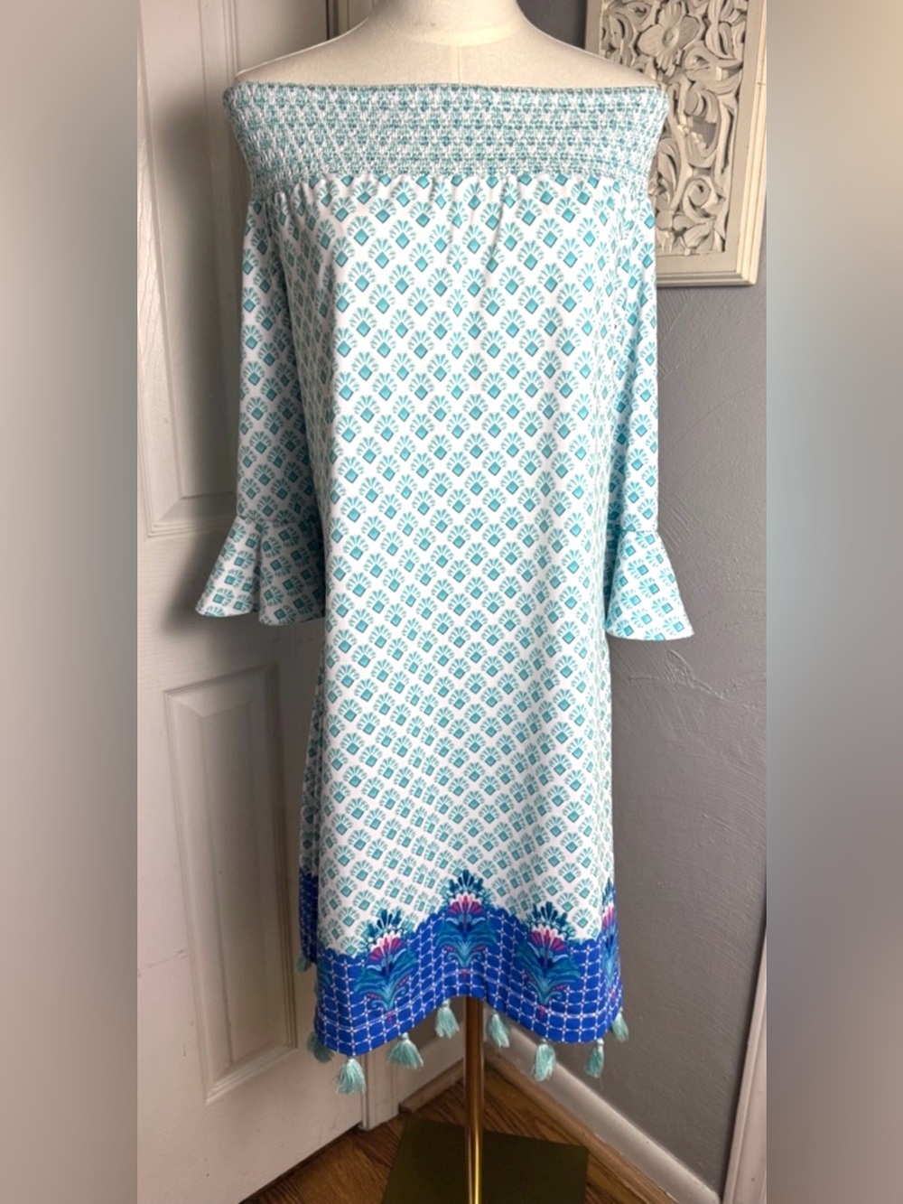NWT Cabana Life XL Blue and White Off-Shoulder Tassel  Dress Resort Beach UPF 50 - Picture 3 of 14